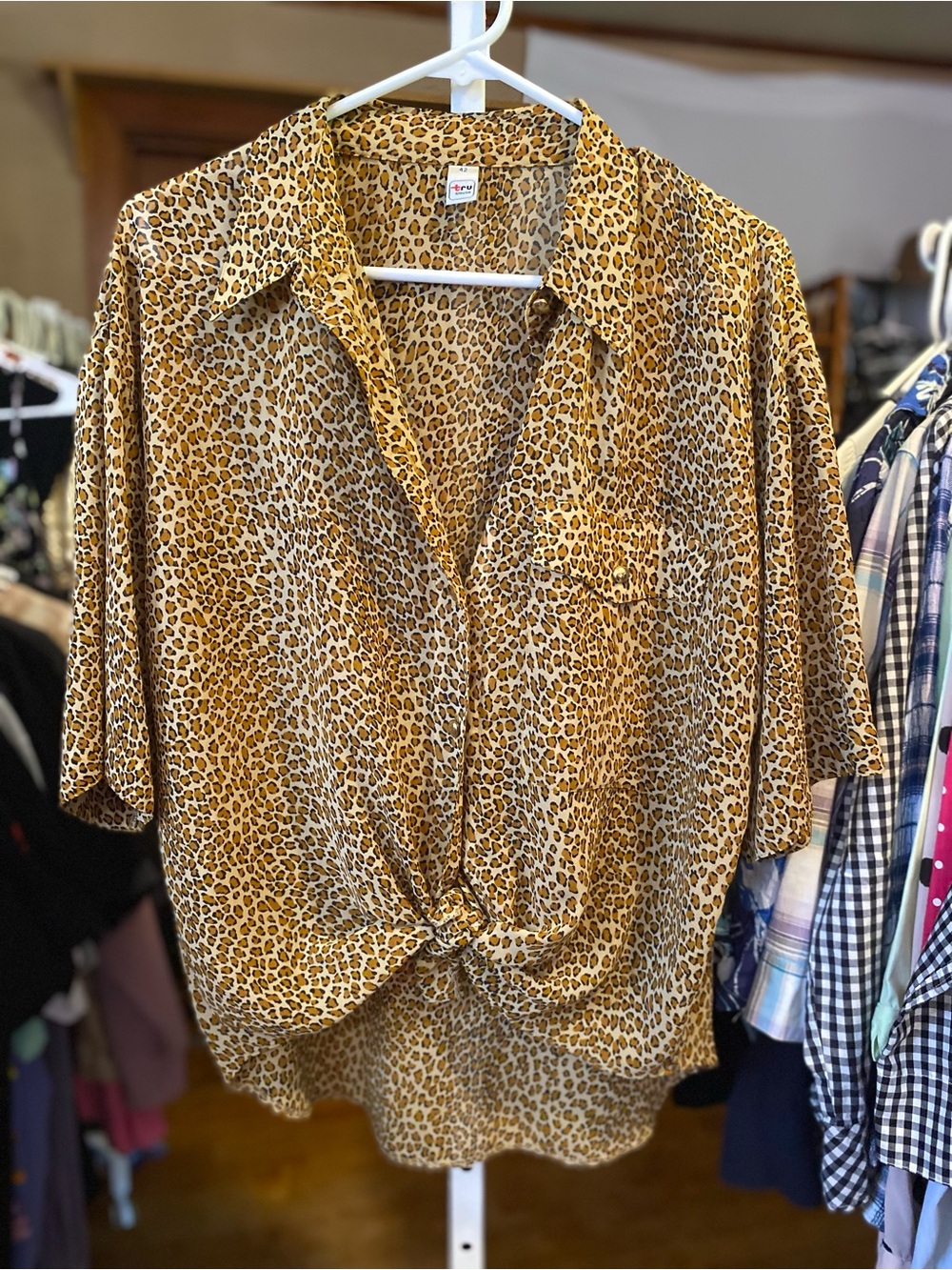 Leopard Print Button-Down Twist Hem Blouse - Brown